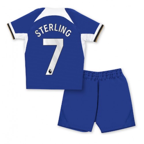 Otroški Nogometni dresi Chelsea Raheem Sterling #7 Domači 2023-24 Kratek Rokav (+ Kratke hlače)